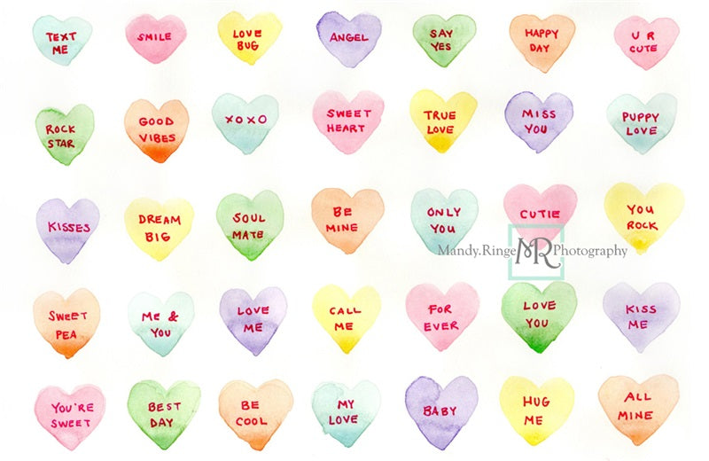 Kate Watercolor Candy Conversation Hearts Backdrop Designed by Mandy Ringe  Photography